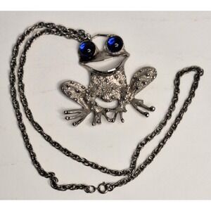 Vtg Frog Toad Necklace Blue Eyes Silver Tone